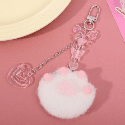 cute plush cartoon cat claw keychain soft white pink key ring pendant backpack car pendant decoration keyholder lolita girls